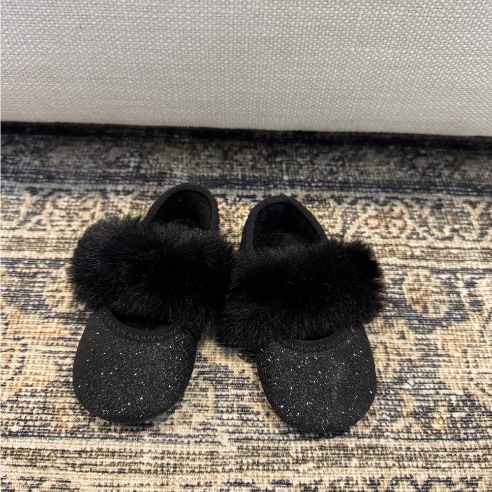 UGG Black Glitter Kids Slippers with Faux Fur